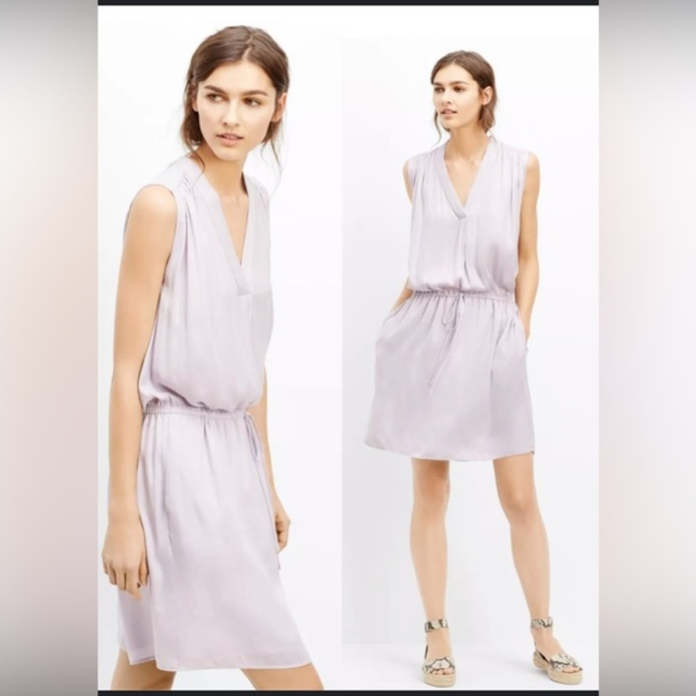 Vince Washed Satin Shirred Shoulder V Neck Drawstring Waist-0097
